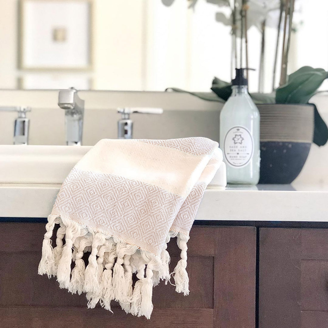 beige turkish hand towel for bathroom
