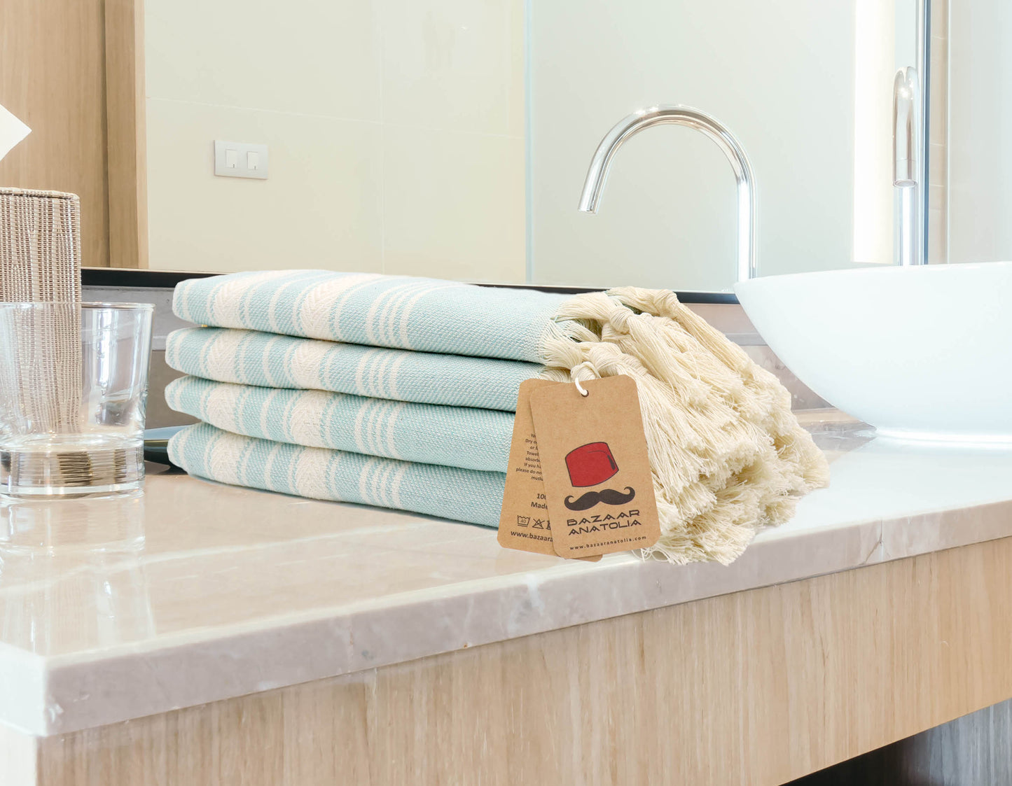 Set of 4 Turkish Hand Towel, Kitchen Towel, Tea Towel - Stripe Mint