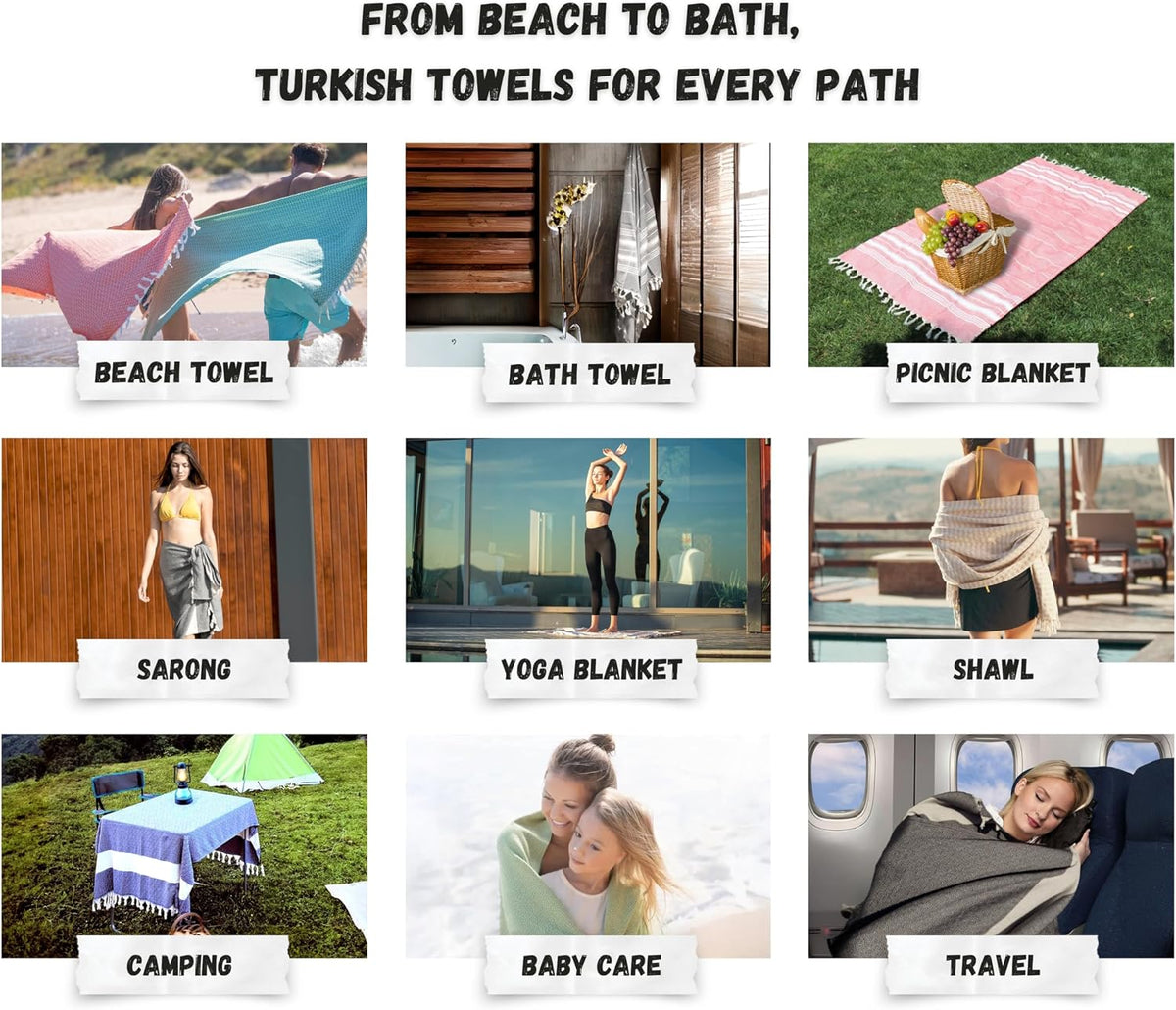 Collage showing ways to use a Turkish towel for the beach, bath, picnics, yoga and travel.