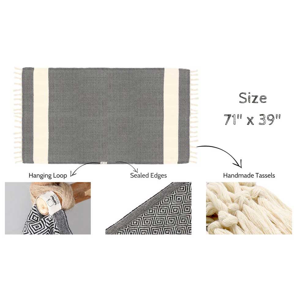 turkish beach towel specs. hanging loop sealed edges handmade tassels