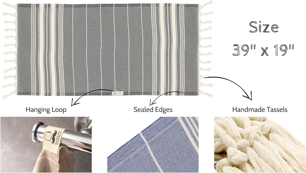 Stripe hand towel construction diagram with 39 by 19 inch dimensions and loop, woven-edge and tassel close-ups.
