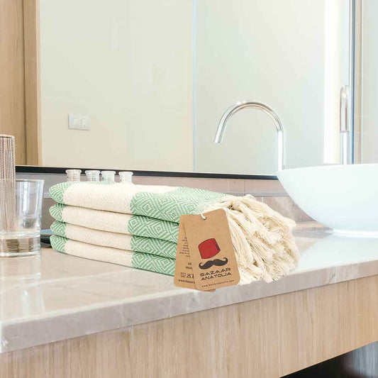 Set of 4 Diamond Turkish Hand Towel, Kitchen Towel, Tea Towel - Green
