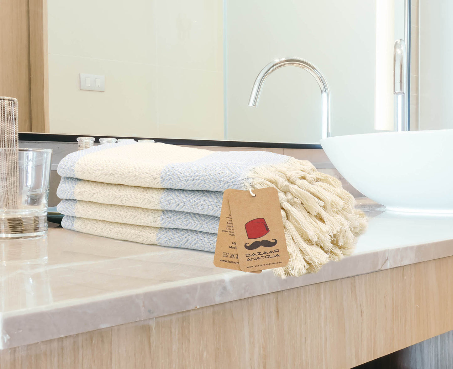 Set of 4 Diamond Turkish Hand Towel, Kitchen Towel, Tea Towel - Light Blue