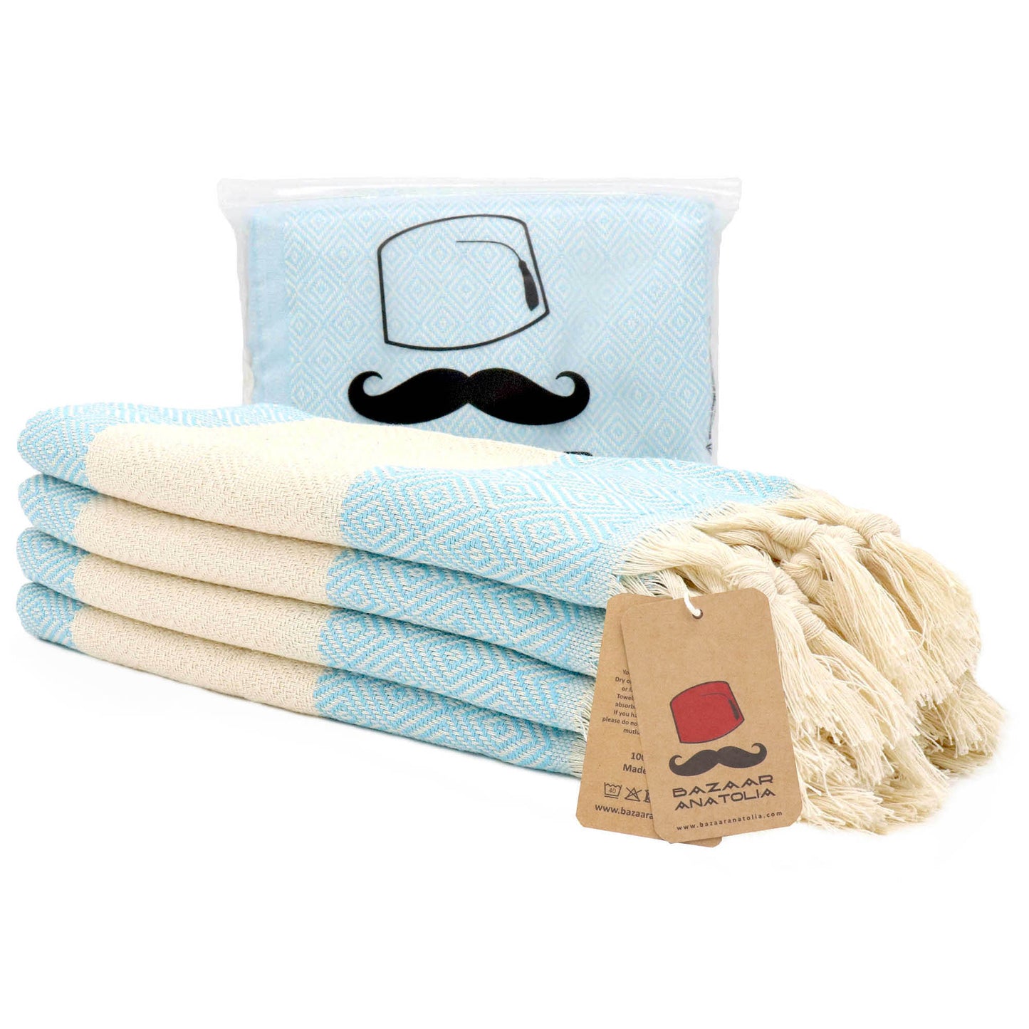 Set of 4 Diamond Turkish Hand Towel, Kitchen Towel, Tea Towel - Turquoise