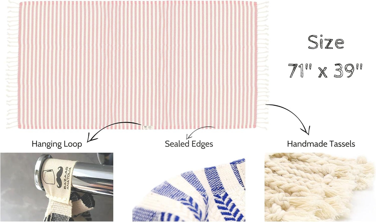 Coral Arpa beach towel diagram showing its 71 by 39 inch dimensions, hanging loop, woven edges and tassels.