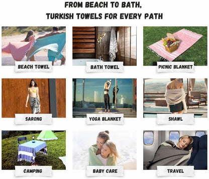 Collage of Turkish towel uses at the beach, in the bathroom, on a picnic and as a wrap or travel blanket.