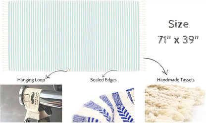 Mint Arpa Turkish beach towel size diagram, 71 by 39 inches, with details of the hanging loop and cotton tassels.