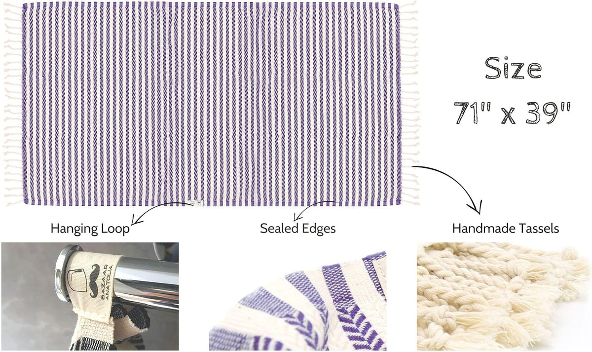 Purple Arpa beach towel diagram showing its 71 by 39 inch size, hanging loop, woven edges and tasseled ends.