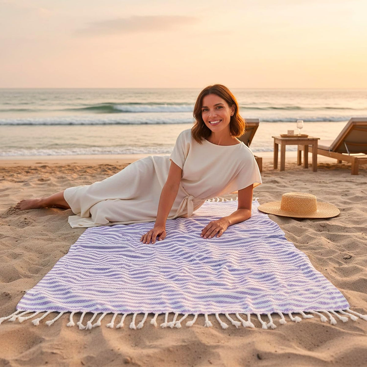 Woman sitting on a purple striped Arpa beach towel spread across the sand beside the sea.