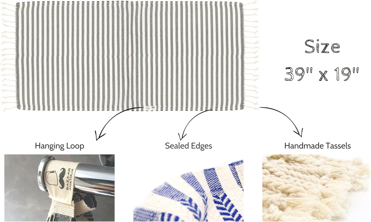 Arpa hand towel construction diagram showing 39 by 19 inch dimensions, hanging loop, woven edges and tassels.