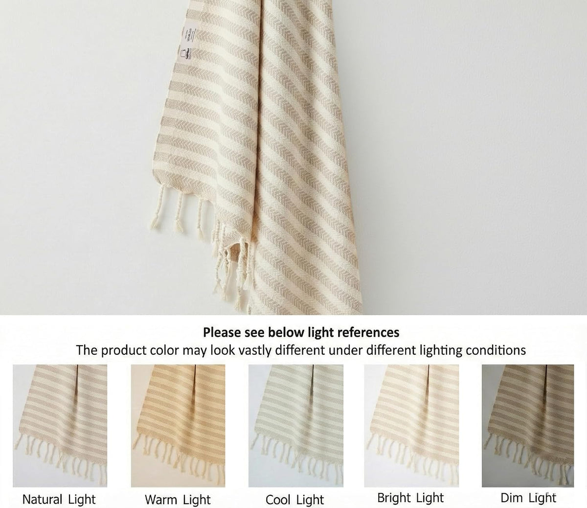 Beige Arpa cotton towel shown in natural, warm, cool, bright and dim light to illustrate color variation.