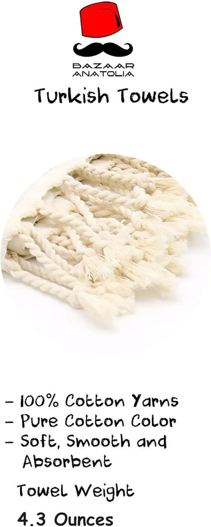 Turkish cotton towel tassels shown close up alongside material and weight information.
