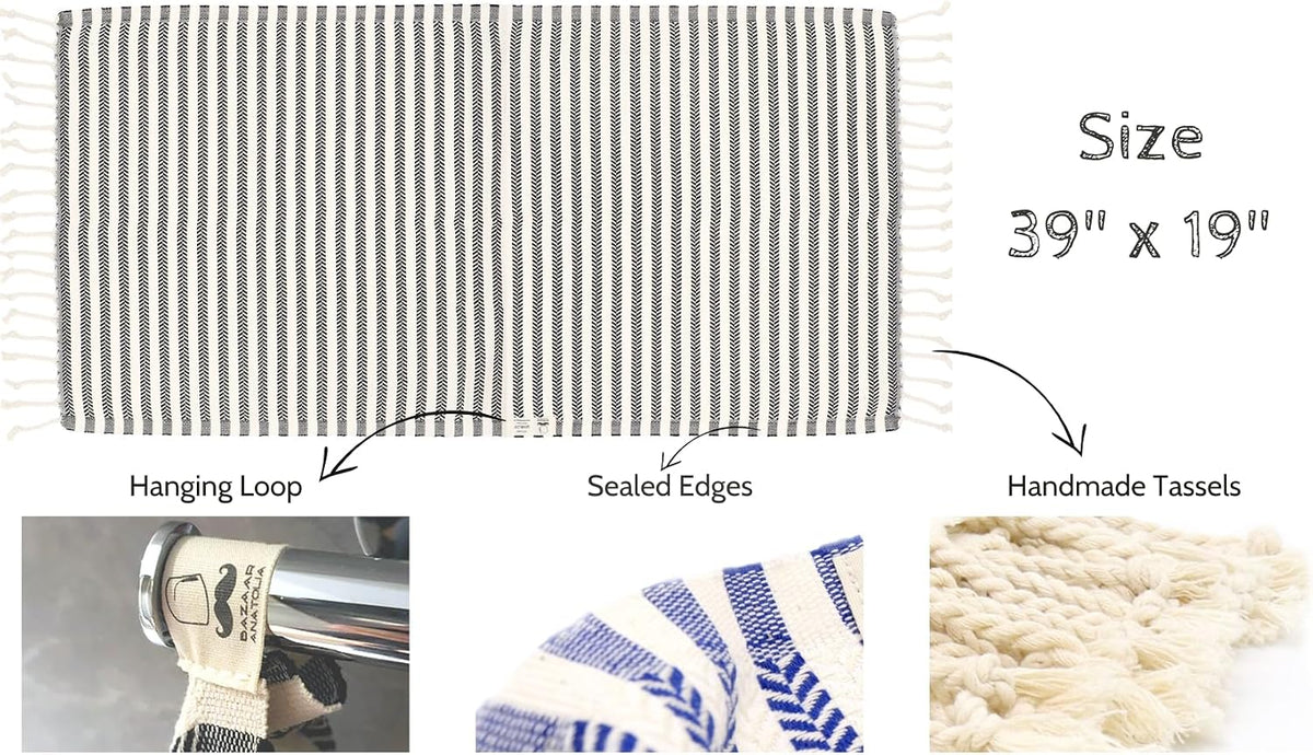 Arpa cotton hand towel size and construction diagram with 39 by 19 inch dimensions and loop, edge and tassel details.