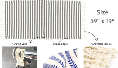 Arpa cotton hand towel size and construction diagram with 39 by 19 inch dimensions and loop, edge and tassel details.