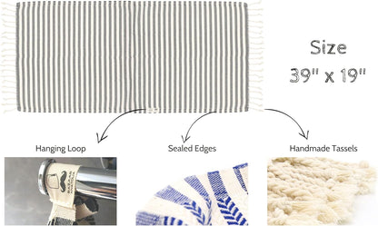 Arpa hand towel size diagram showing 39 by 19 inches with hanging-loop, woven-edge and tassel close-ups.