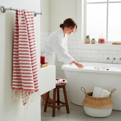 Red striped Arpa cotton hand towel hanging on a bathroom rail beside a bathtub.