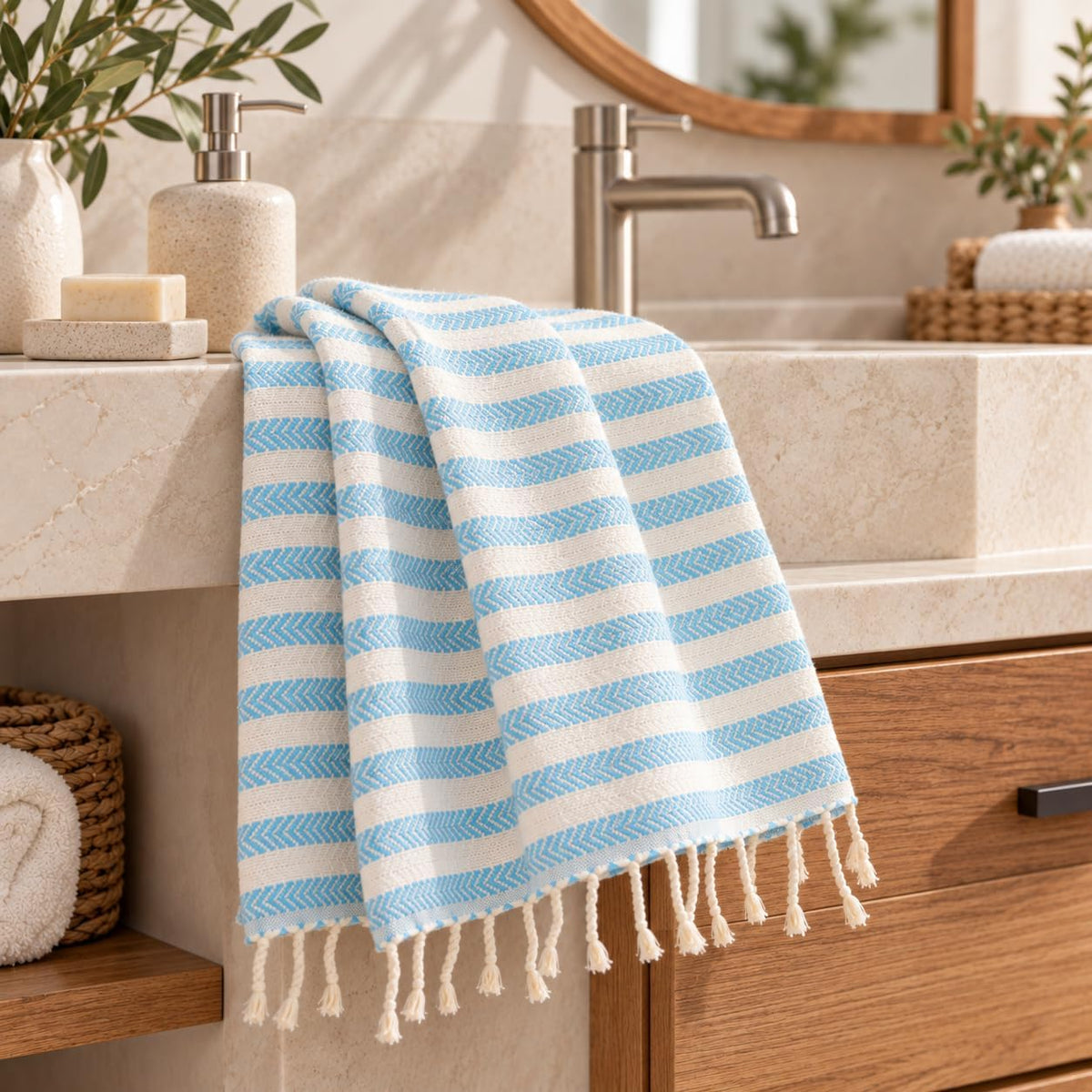 Turquoise striped Arpa cotton hand towel draped over a bathroom basin, showing cream tassels.