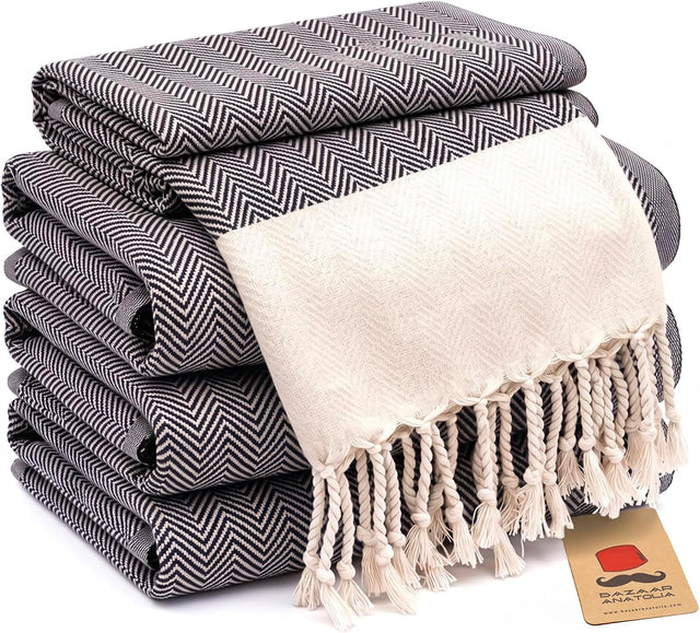Herringbone Cotton Hand Towels – Black, Set of 4