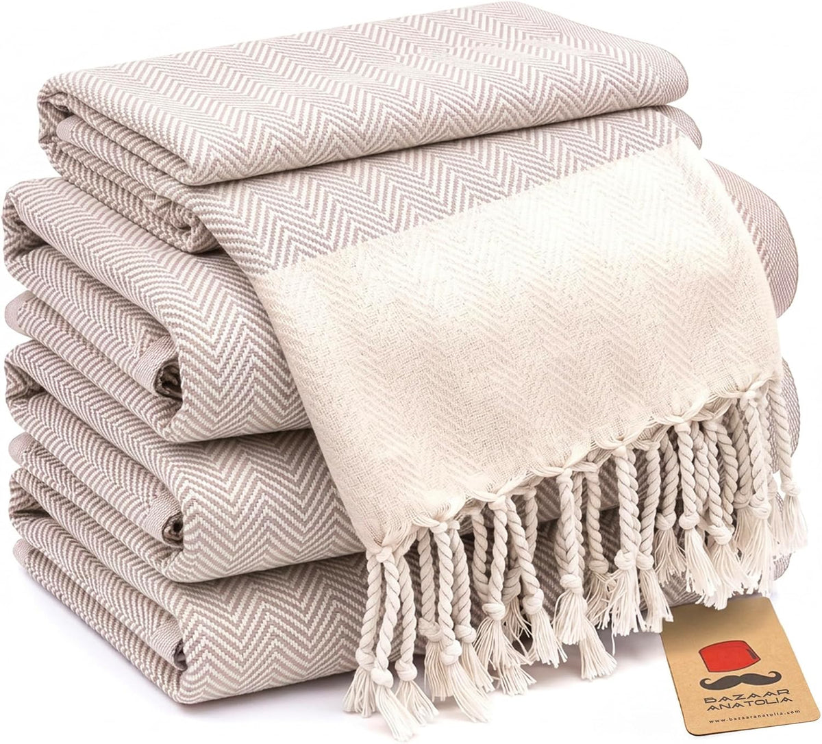 Set of four beige herringbone Turkish cotton hand towels
