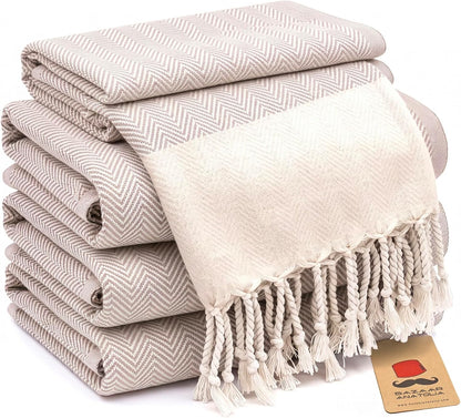 Set of four beige herringbone Turkish cotton hand towels