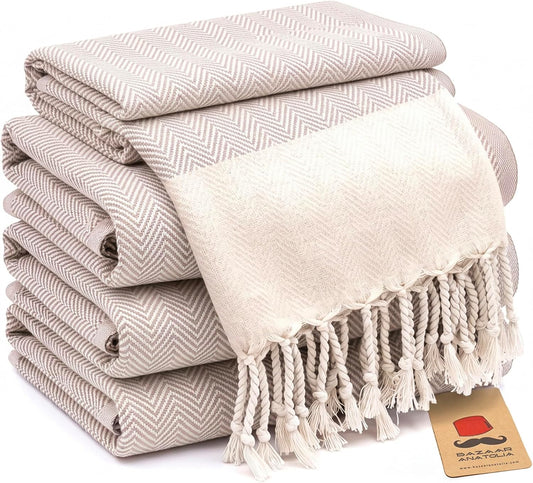 Set of four beige herringbone Turkish cotton hand towels