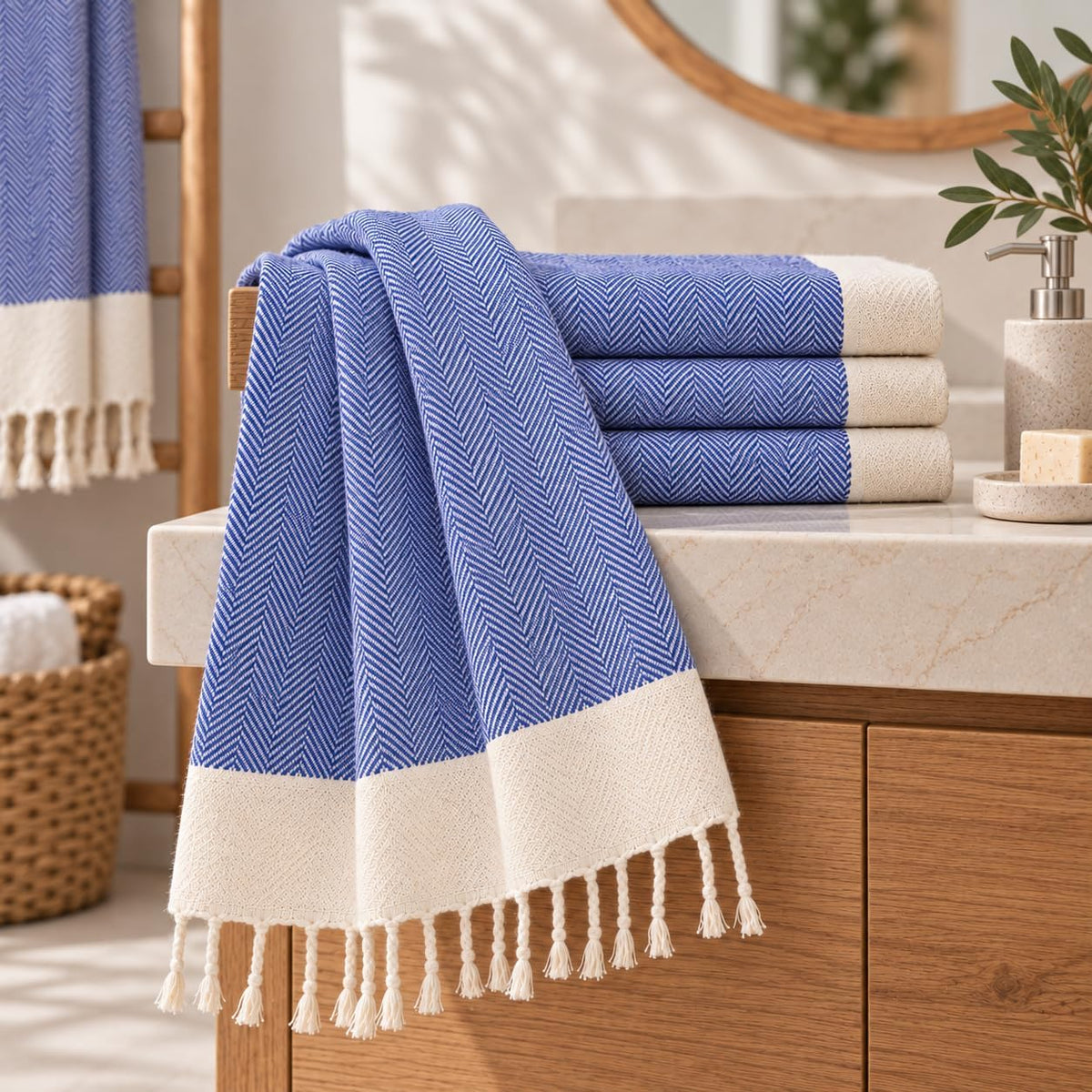Royal Blue Herringbone Turkish cotton hand towels, set of four – additional product view