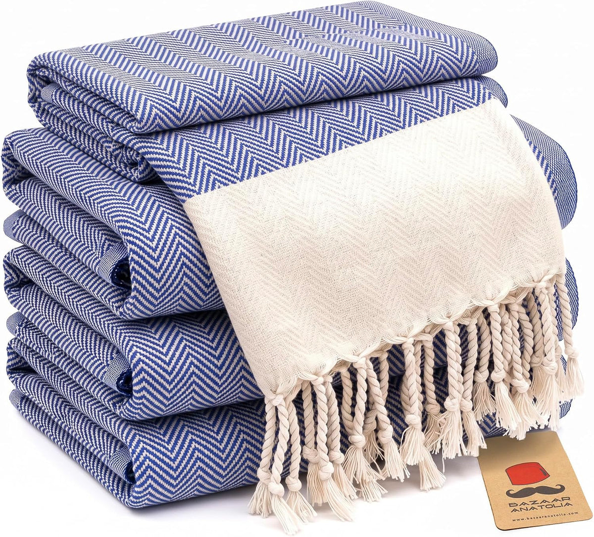 Set of four royal blue herringbone Turkish cotton hand towels