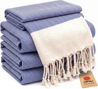 Set of four royal blue herringbone Turkish cotton hand towels