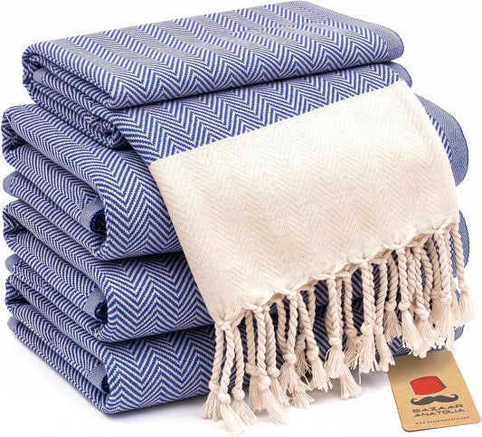 Set of four royal blue herringbone Turkish cotton hand towels
