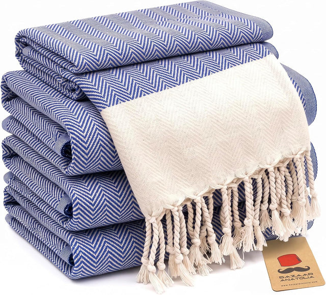 Herringbone Cotton Hand Towels – Royal Blue, Set of 4