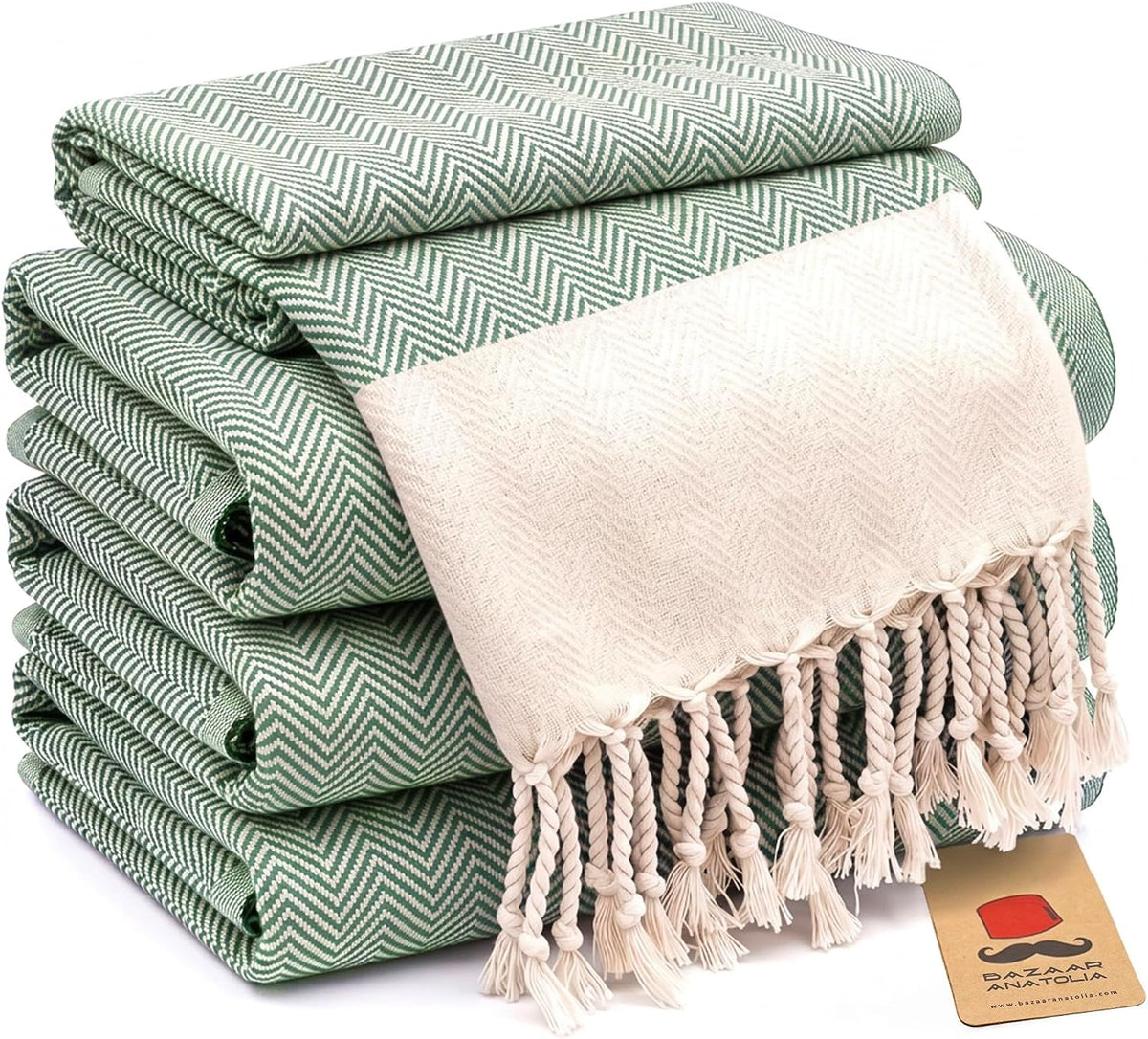 Set of four green herringbone Turkish cotton hand towels