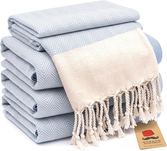 Set of four light blue herringbone Turkish cotton hand towels