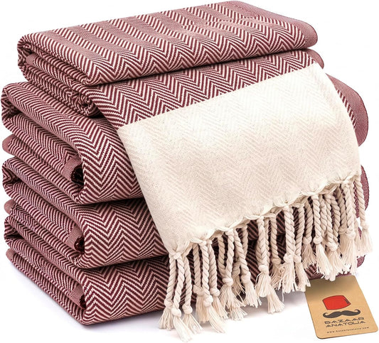 Set of four maroon herringbone Turkish cotton hand towels