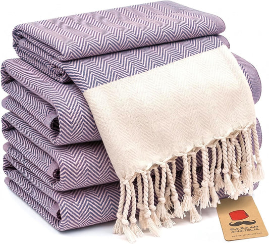 Set of four purple herringbone Turkish cotton hand towels