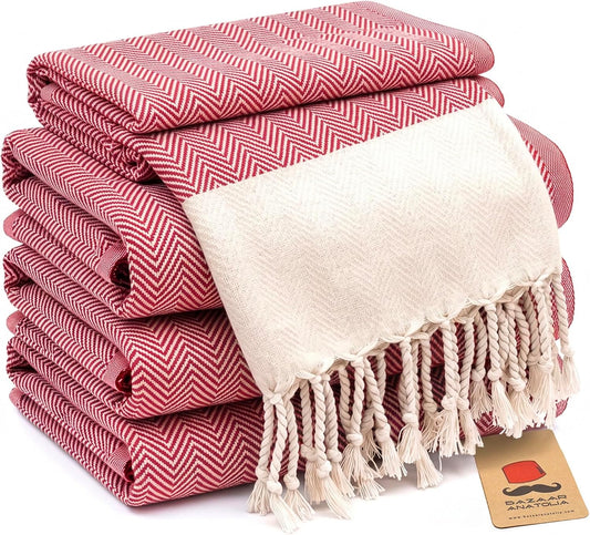 Set of four red herringbone Turkish cotton hand towels