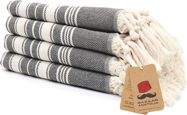 Stripe Cotton Hand Towels – Black, Set of 4