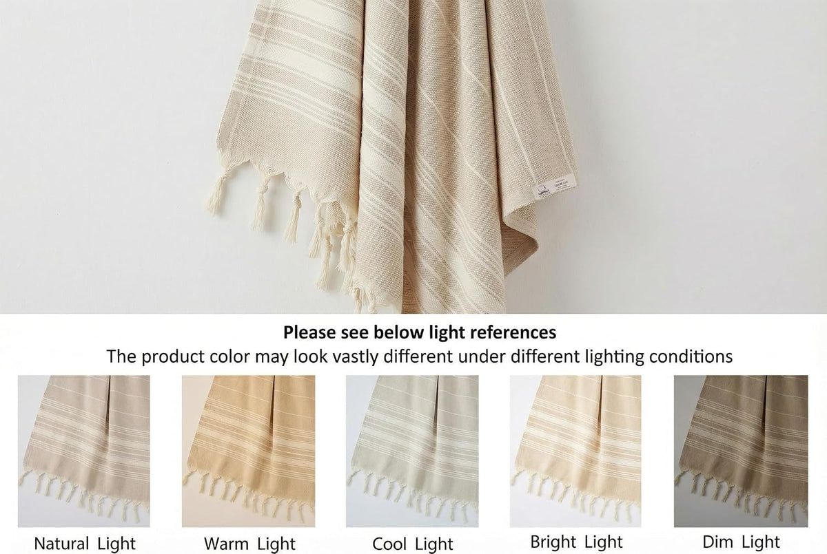 Beige Stripe cotton towel under five lighting conditions showing how its color appearance can vary.