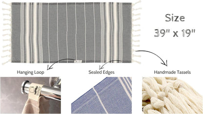 Stripe cotton hand towel size diagram showing 39 by 19 inches with hanging-loop, edge and tassel details.