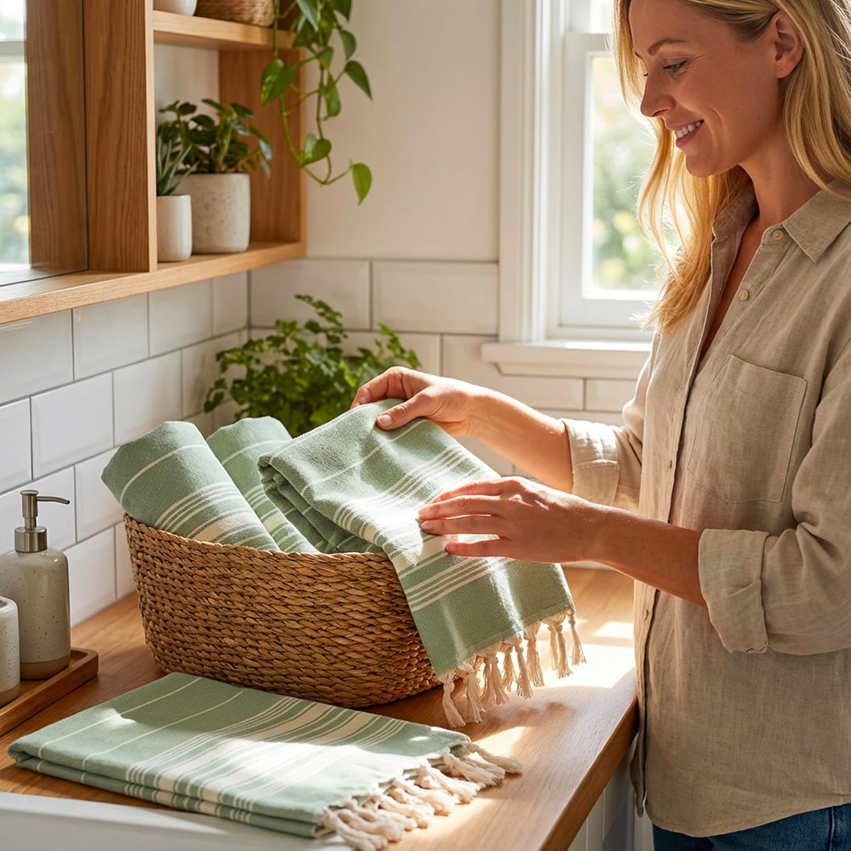 Woman arranging green Stripe cotton hand towels in a woven basket beside a sink.