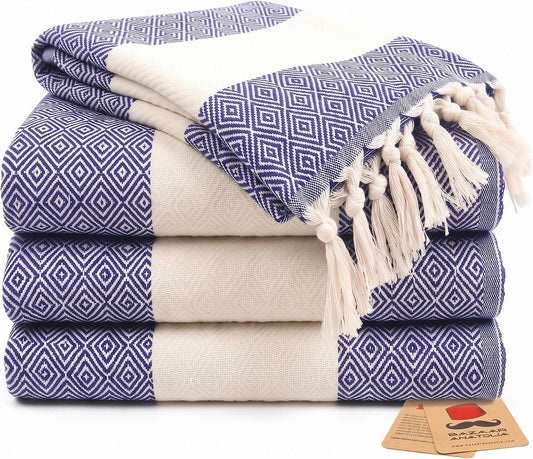 Set of four royal blue diamond Turkish cotton hand towels