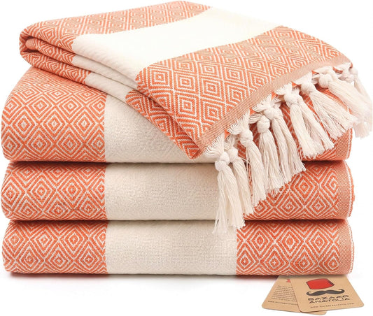 Set of four orange diamond Turkish cotton hand towels