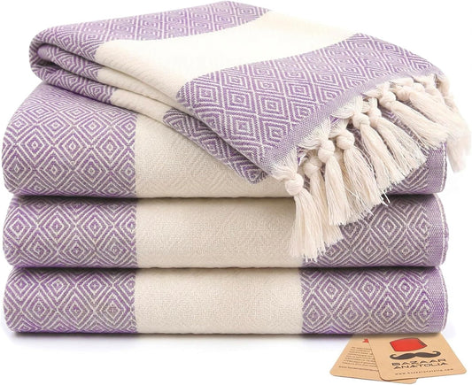 Set of four purple diamond Turkish cotton hand towels