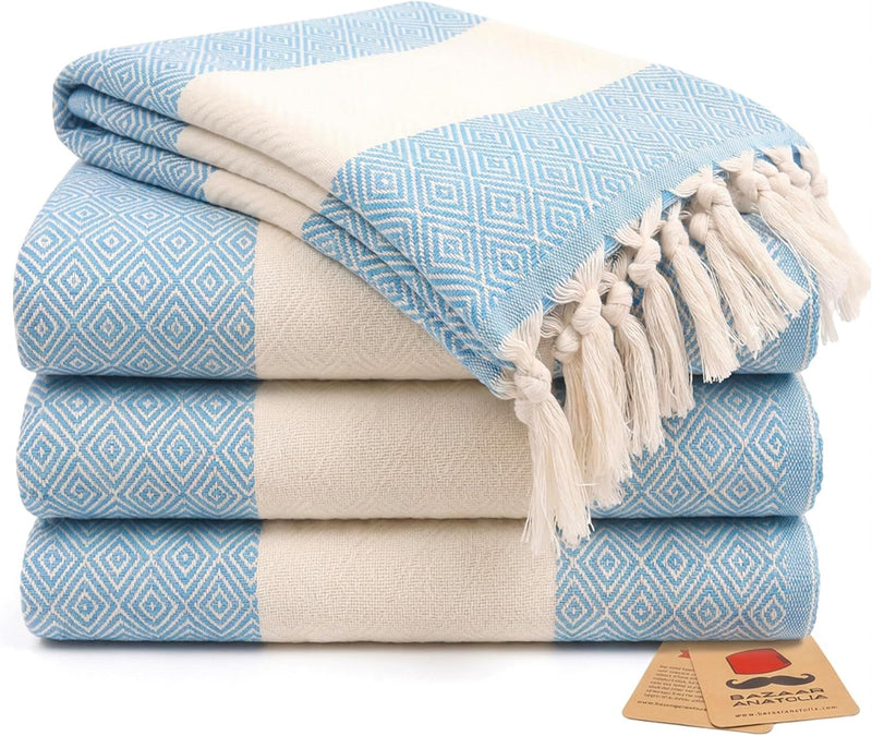 Set of four turquoise diamond Turkish cotton hand towels