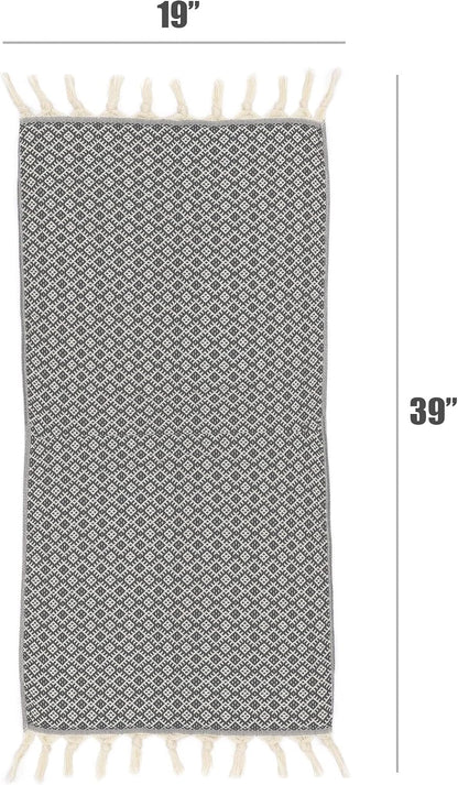 Dark gray Ethnic hand towel size diagram showing its 19 inch width and 39 inch length.