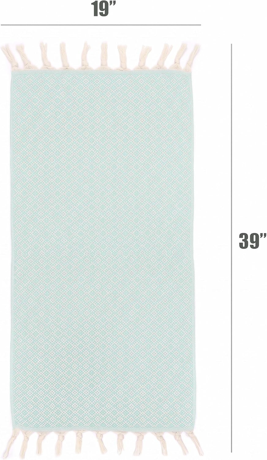 Mint Ethnic Turkish cotton hand towel size diagram showing a 19 inch width and 39 inch length.