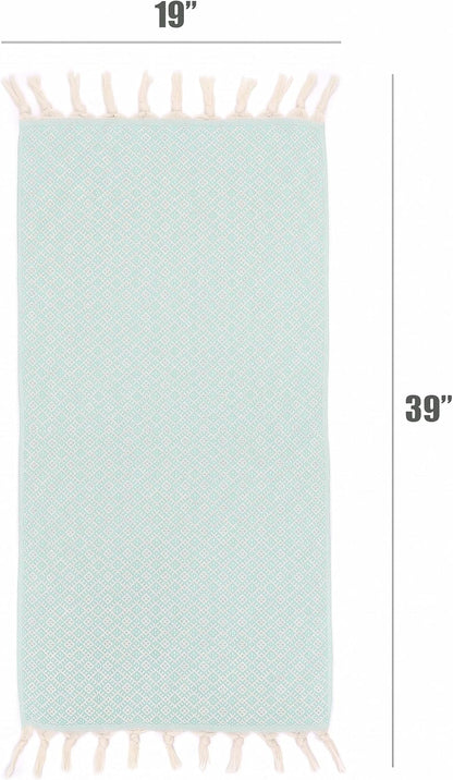 Mint Ethnic Turkish cotton hand towel size diagram showing a 19 inch width and 39 inch length.