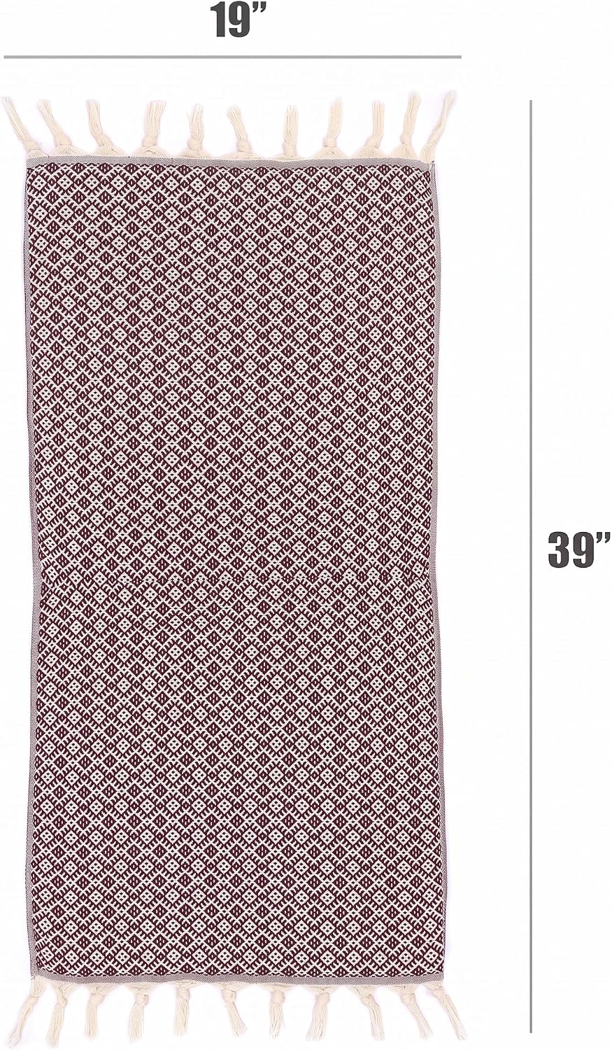 Maroon Ethnic cotton hand towel laid flat with 19 inch width and 39 inch length measurements.