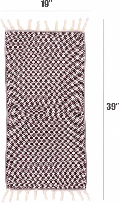 Maroon Ethnic cotton hand towel laid flat with 19 inch width and 39 inch length measurements.