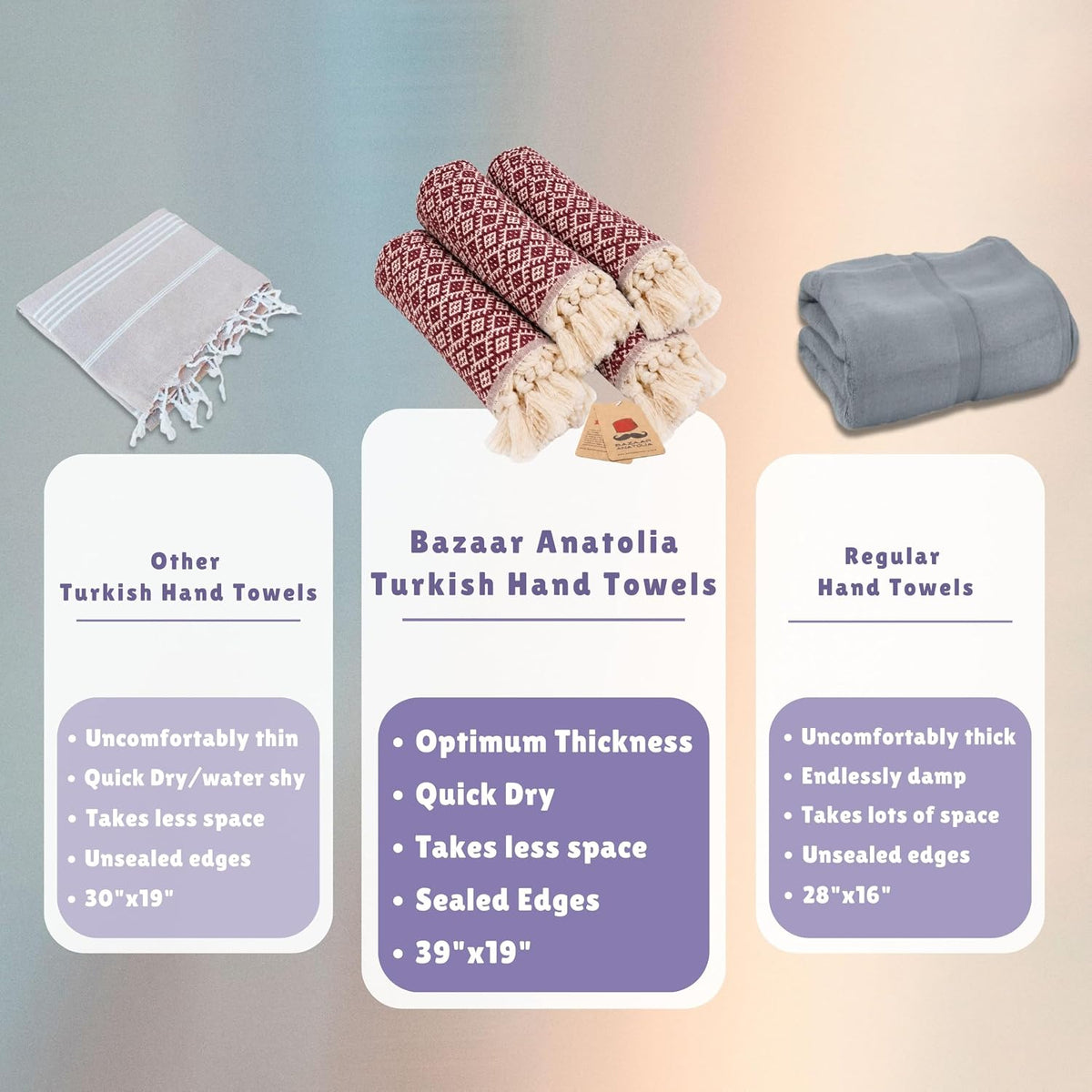 Maroon Ethnic Turkish hand towel set in a comparison graphic showing each towel's 39 by 19 inch size.