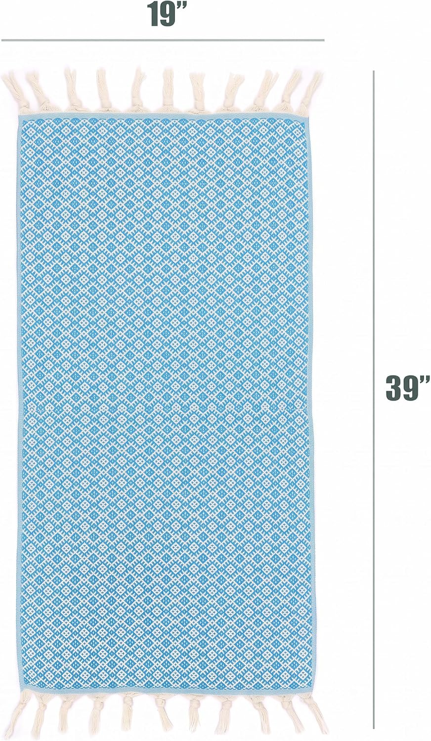 Turquoise Ethnic Turkish hand towel laid flat with 19 inch width and 39 inch length measurements.